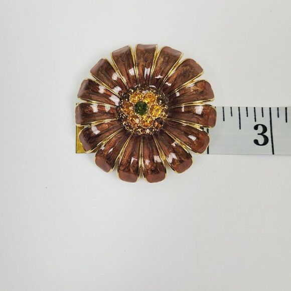 Vintage Brooch Pin Brown Enamel Topaz Yellow Green Rhinestone Floral‎ Large Big - Picture 5 of 8